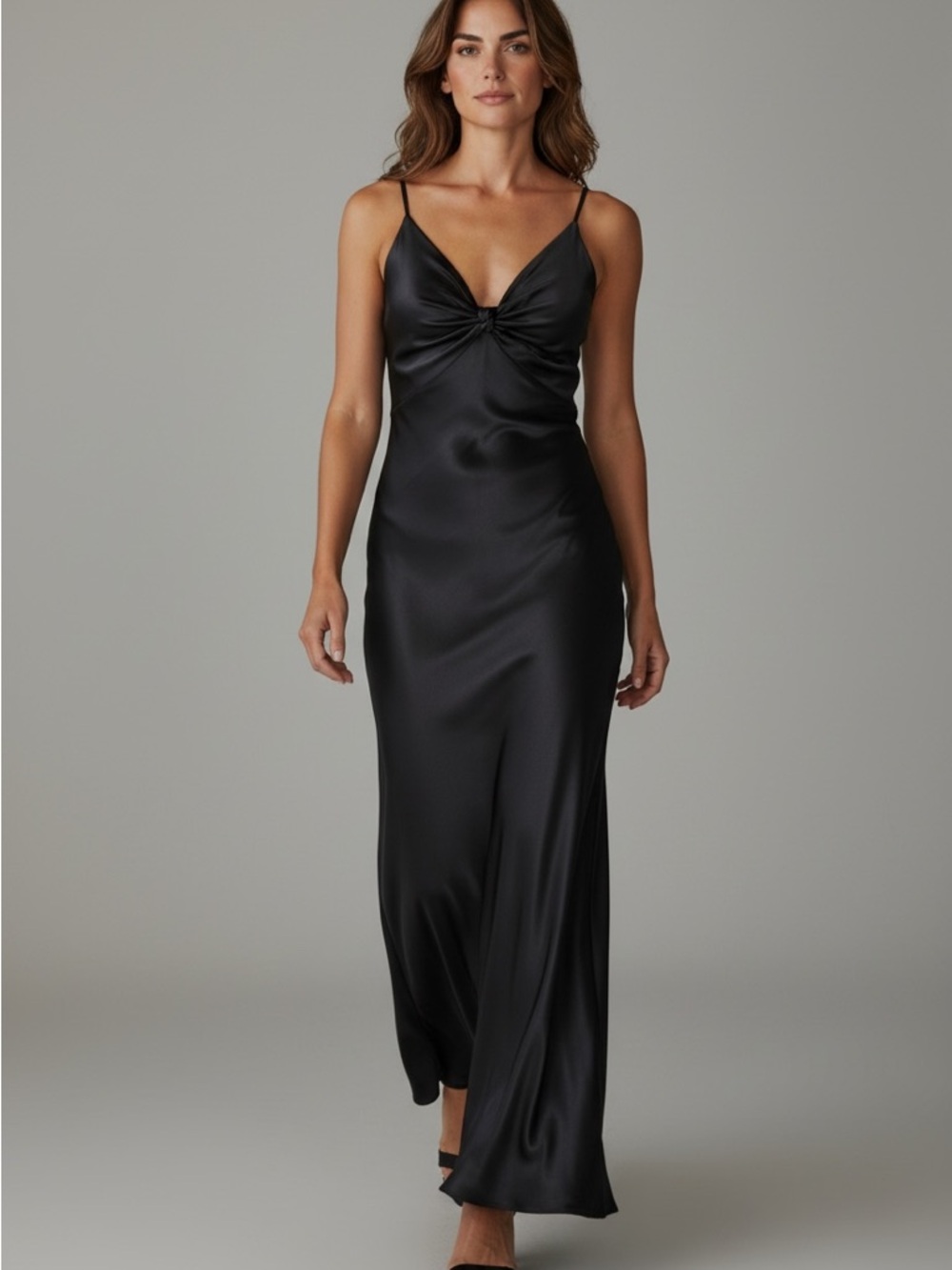 Black satin viscose twist front, open draped back bias maxi evening dress